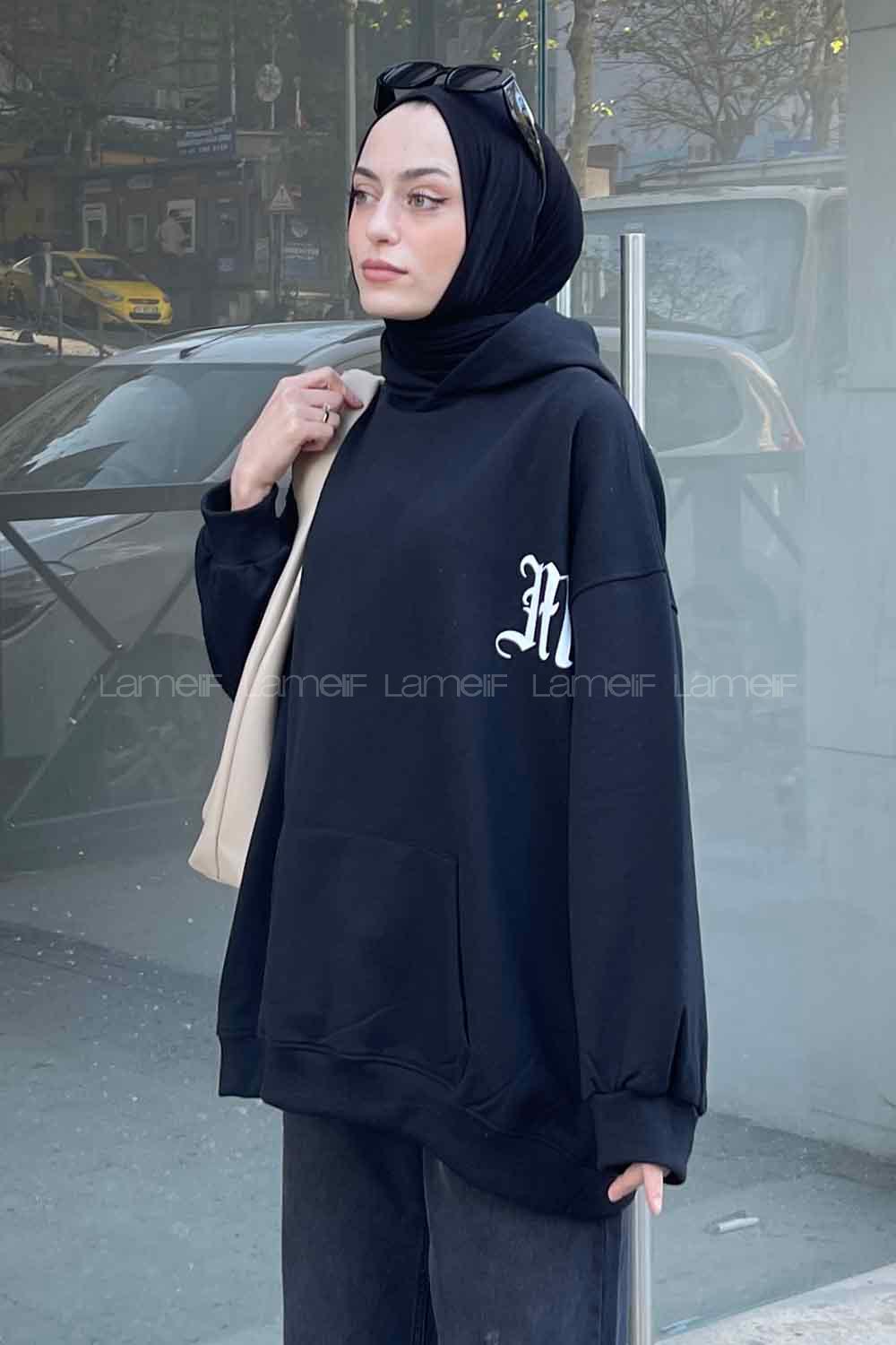 Black Hood Neck Long Arm Printed Sweatshirt