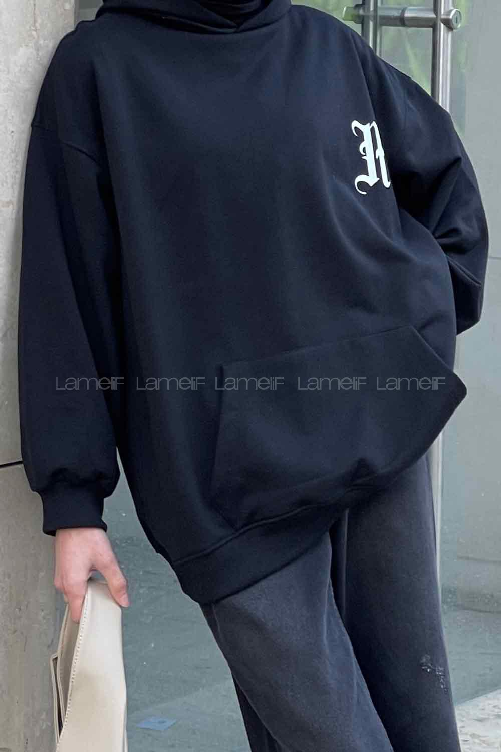 Black Hood Neck Long Arm Printed Sweatshirt
