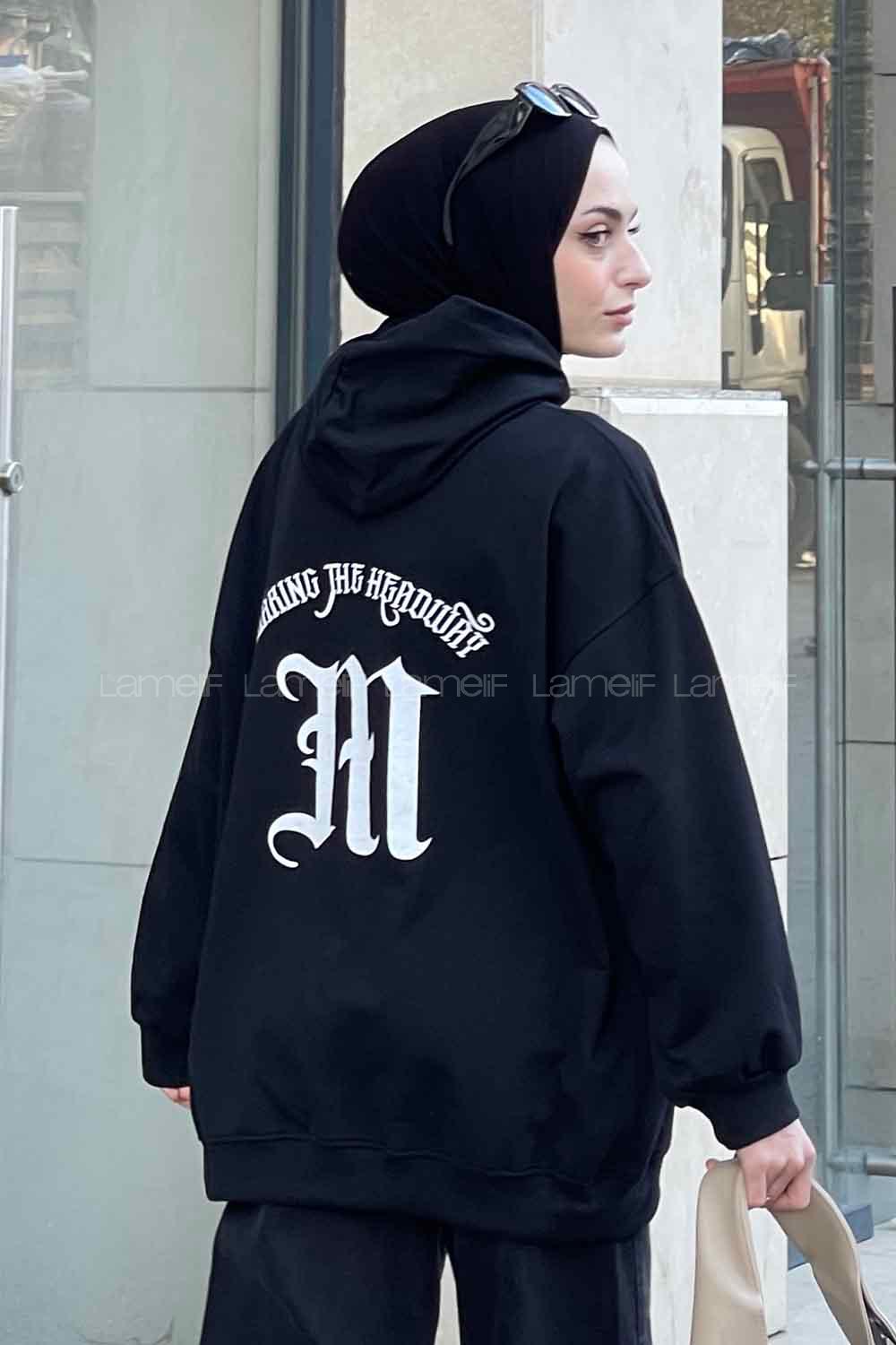 Black Hood Neck Long Arm Printed Sweatshirt