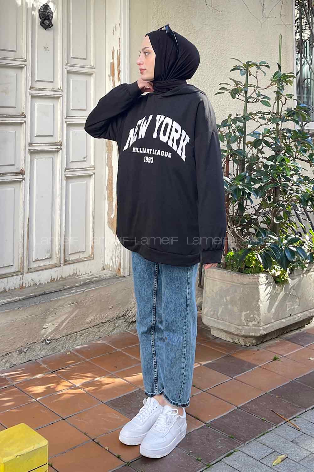 Lamelif Newyork Baskı Detaylı Kapüşonlu Sweatshirt Siyah