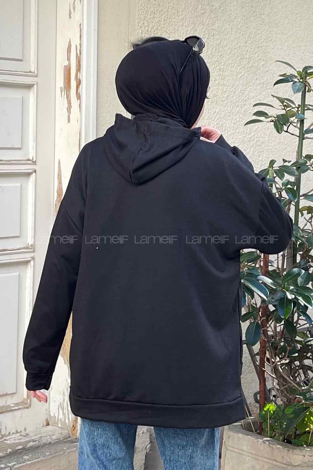 Lamelif Newyork Baskı Detaylı Kapüşonlu Sweatshirt Siyah