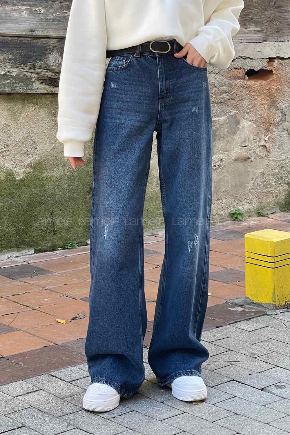 Lamelif Palazzo Yırtık Jean  Kot Mavisi