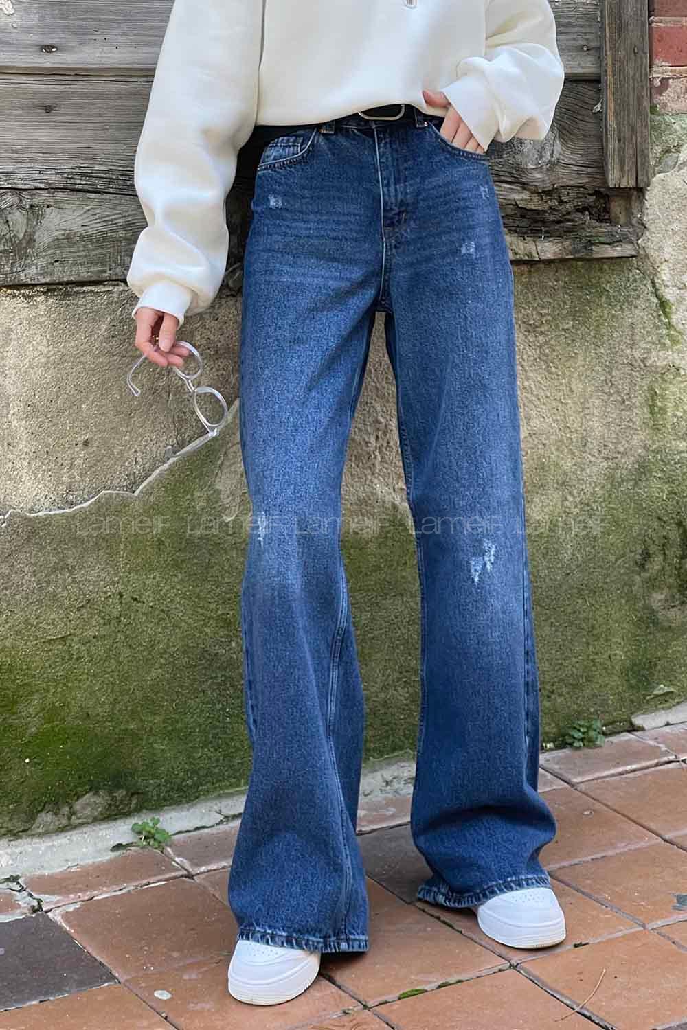 Lamelif Palazzo Yırtık Jean  Kot Mavisi