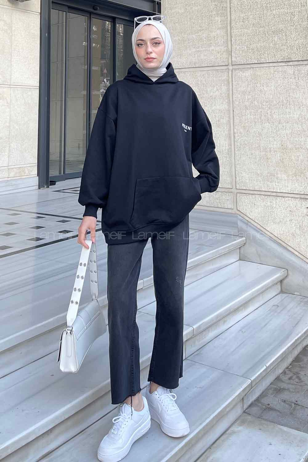 Lamelif Present Baskı Detaylı Sweatshirt Siyah