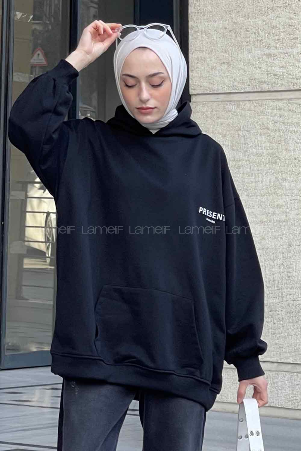 Lamelif Present Baskı Detaylı Sweatshirt Siyah