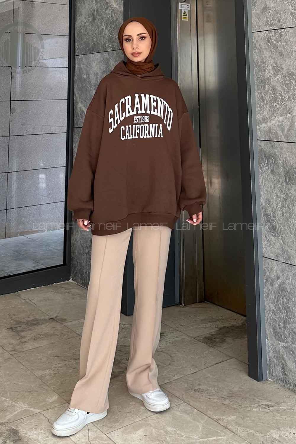 Lamelif Sacramento Baskılı Oversize Sweatshirt Acı Kahve
