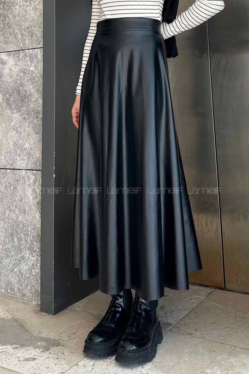 Lamelif Suni Deri Çan Etek Siyah