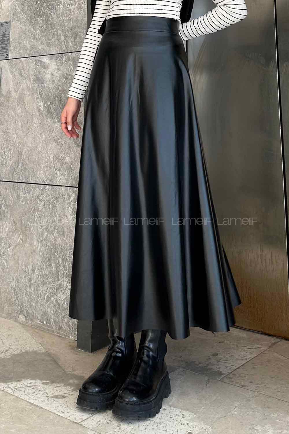 Lamelif Suni Deri Çan Etek Siyah