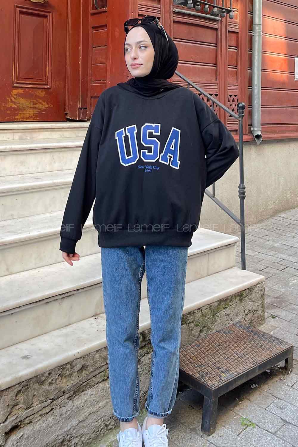 Lamelif Usa Baskı Detaylı Sweatshirt Siyah -Mavi