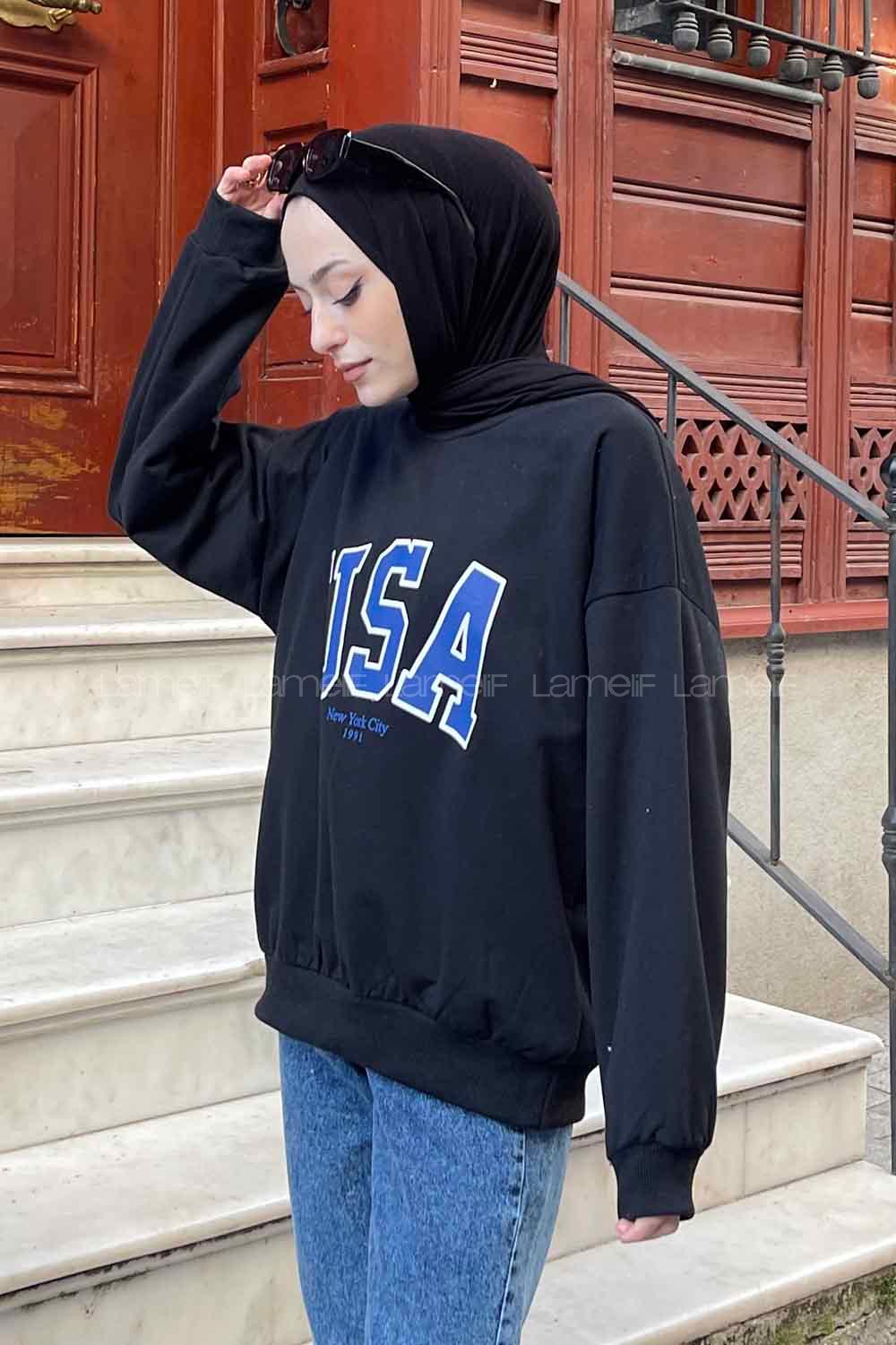 Lamelif Usa Baskı Detaylı Sweatshirt Siyah -Mavi