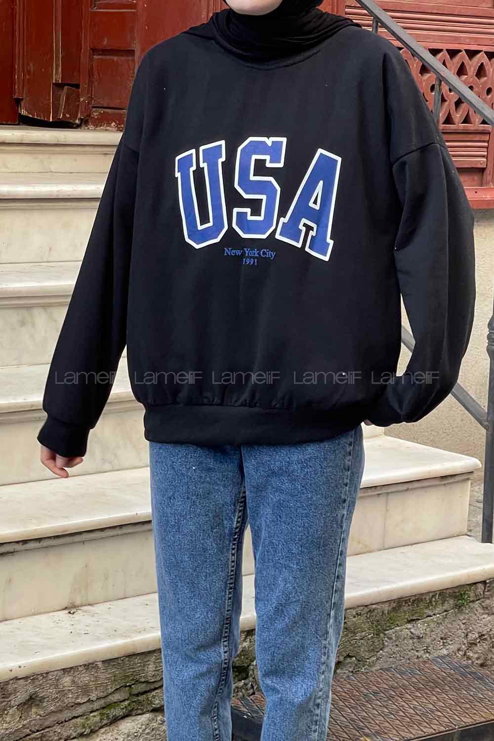 Lamelif Usa Baskı Detaylı Sweatshirt Siyah -Mavi