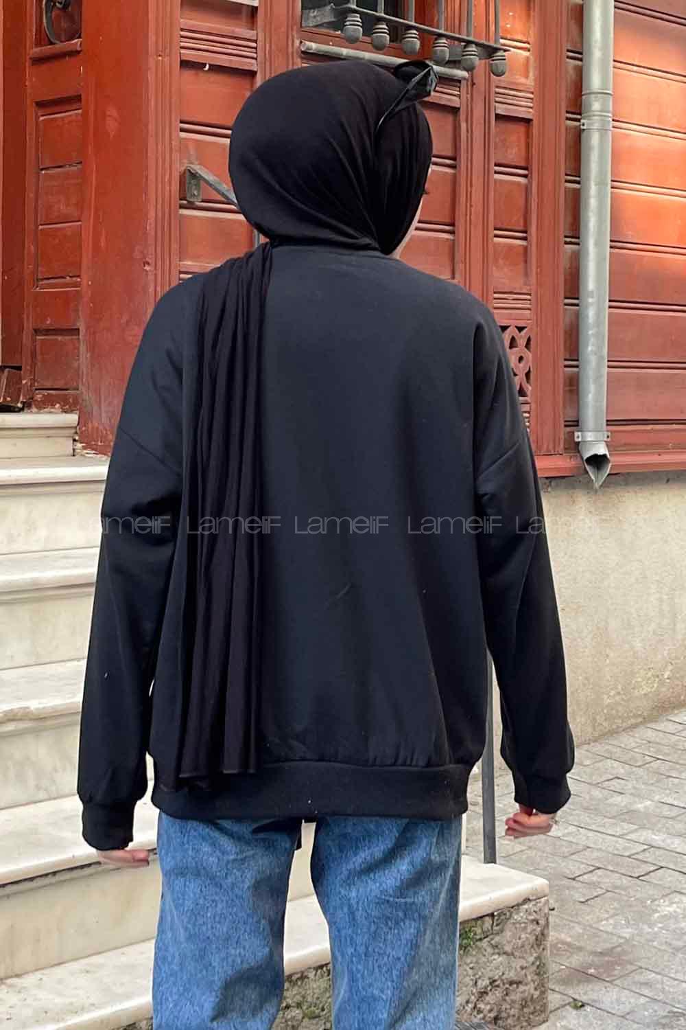 Lamelif Usa Baskı Detaylı Sweatshirt Siyah -Mavi