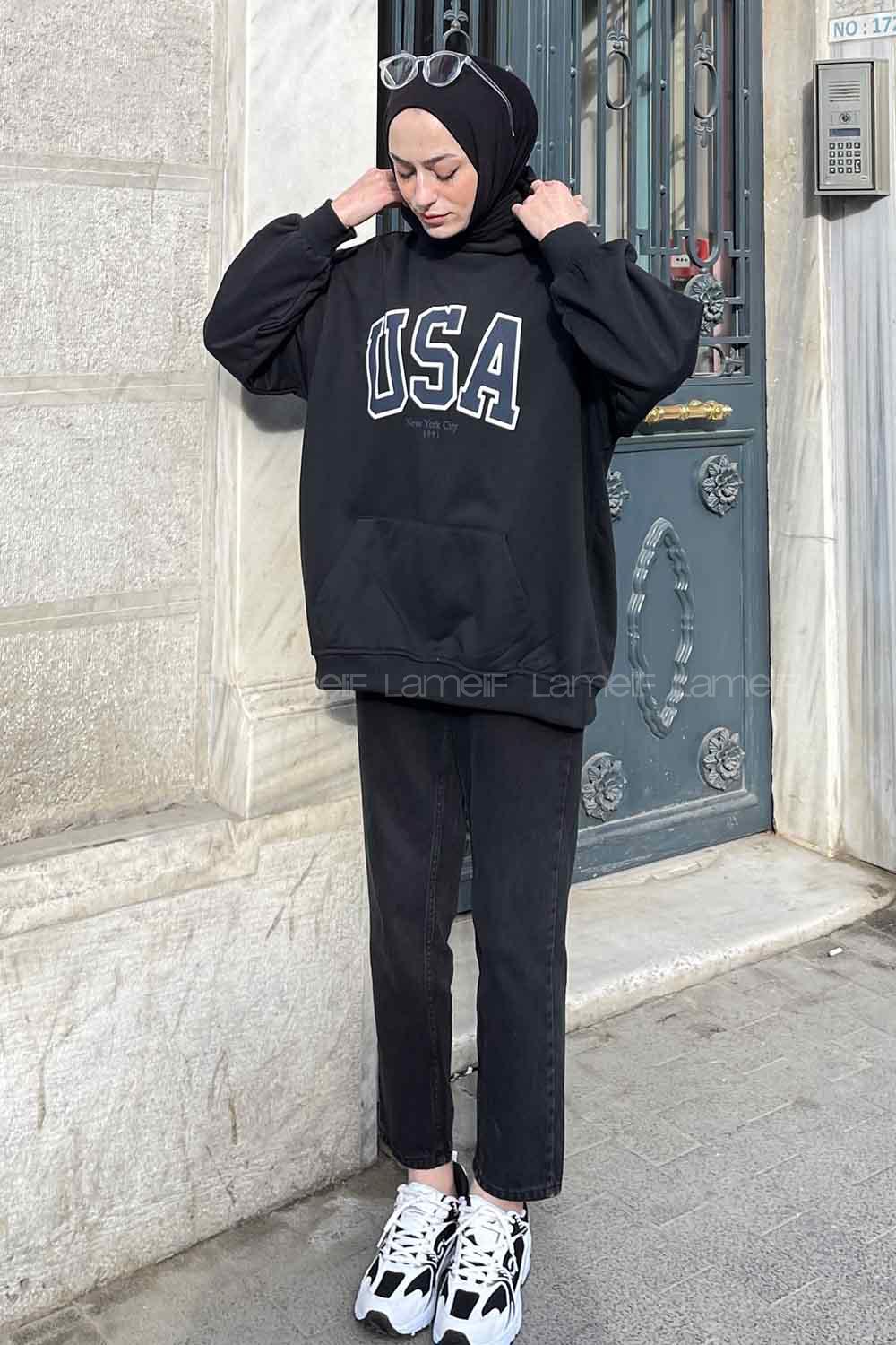 Black Hood Neck Long Arm Printed Sweatshirt