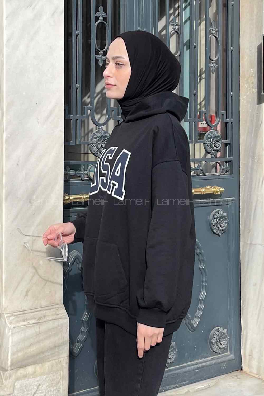 Black Hood Neck Long Arm Printed Sweatshirt
