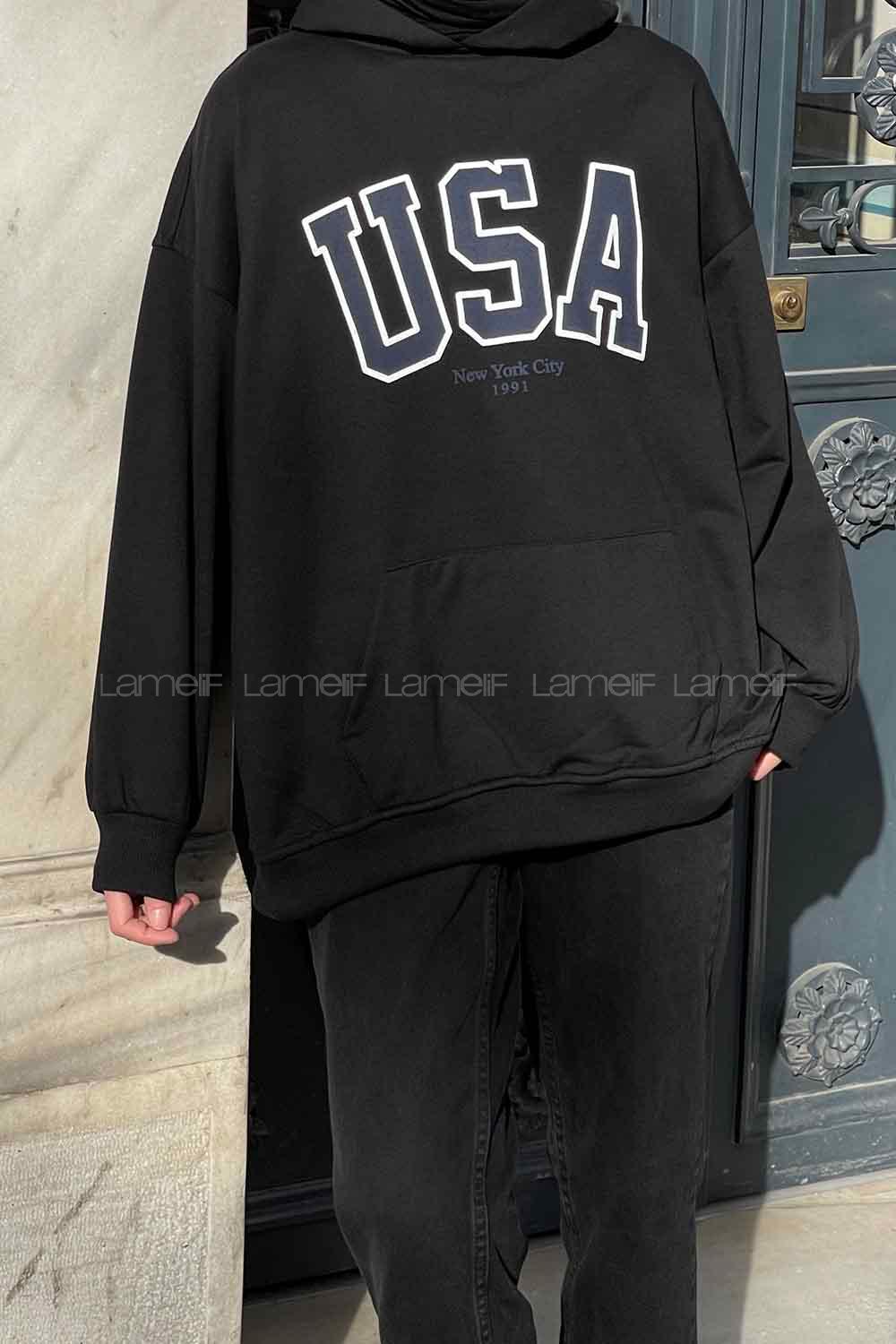 Black Hood Neck Long Arm Printed Sweatshirt