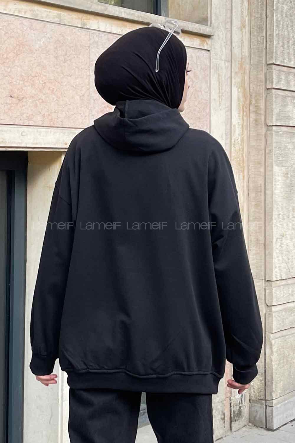 Black Hood Neck Long Arm Printed Sweatshirt