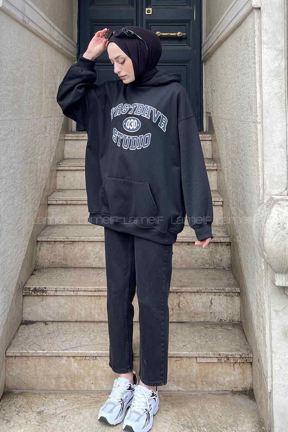 Black Hood Neck Long Arm Printed Sweatshirt