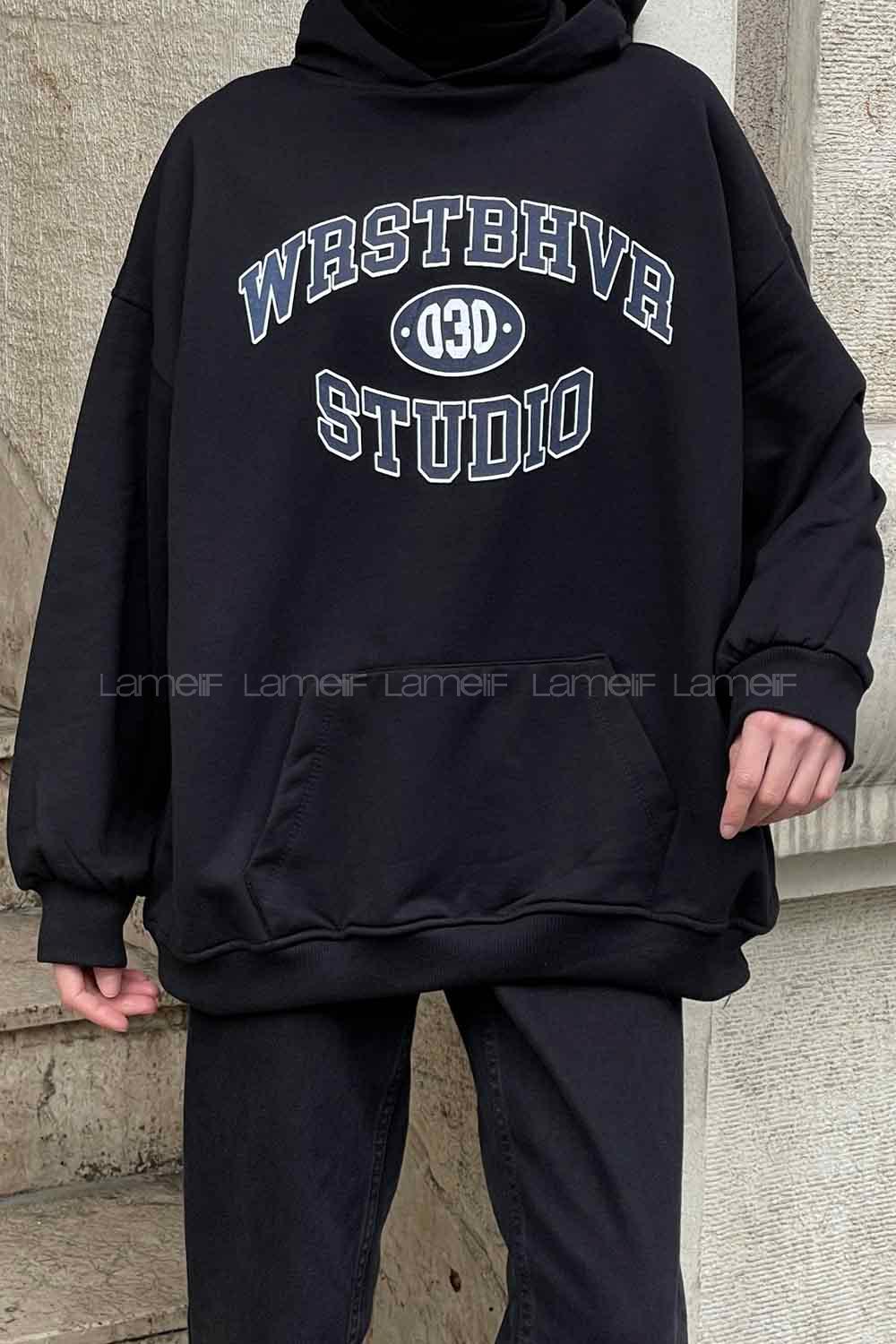 Black Hood Neck Long Arm Printed Sweatshirt