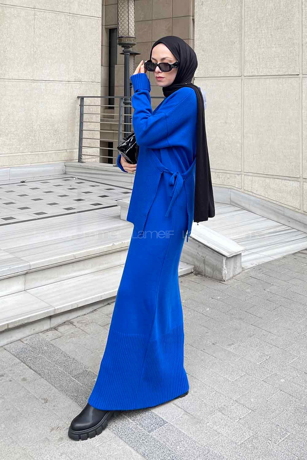 Lamelif Yelekli Triko Elbise Saks Mavisi