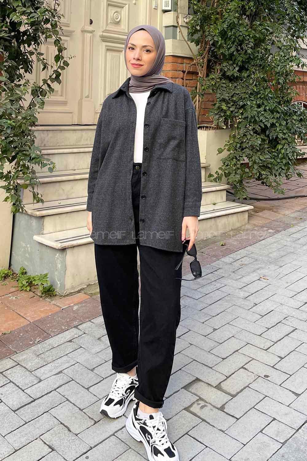 Lamelif Zikzak Detaylı Oduncu Gömlek Antrasit