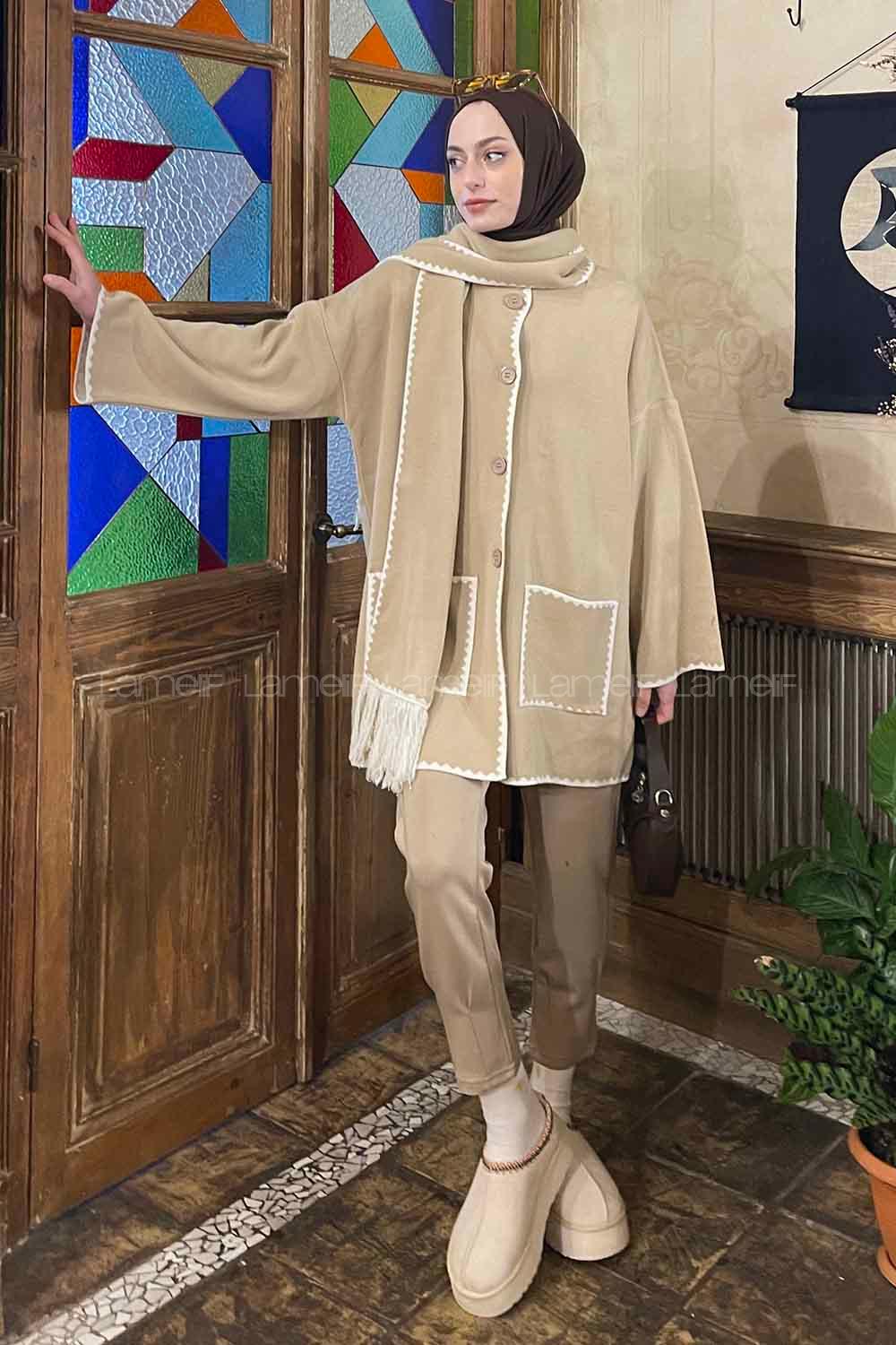 Lamelif Atkı Detaylı Triko Hırka Bej