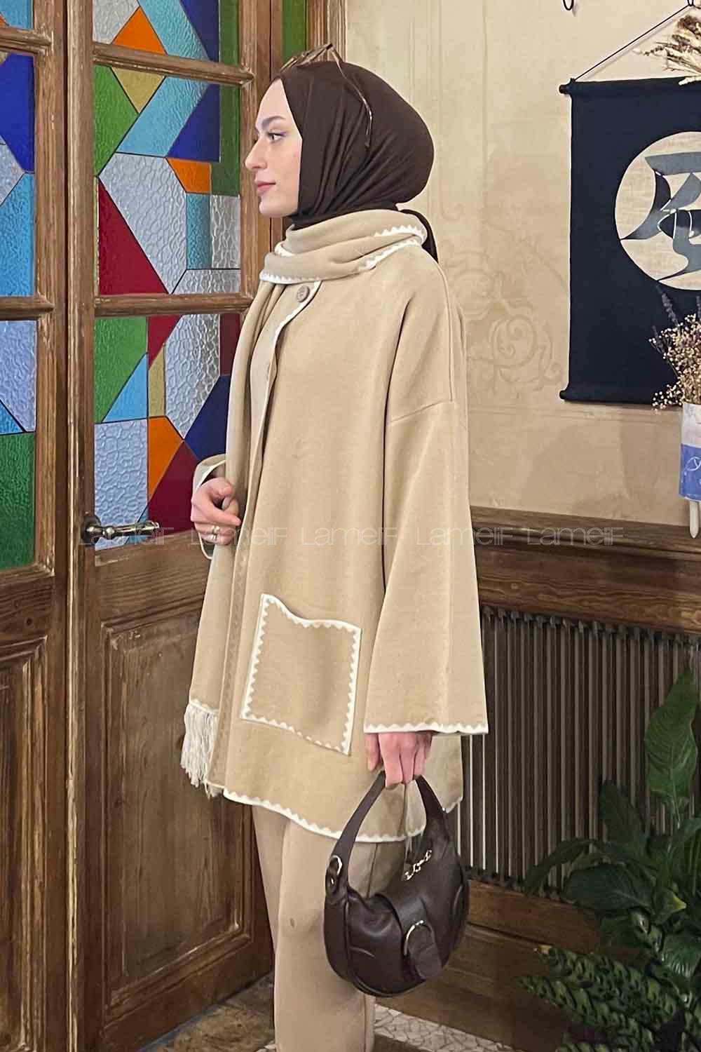 Lamelif Atkı Detaylı Triko Hırka Bej