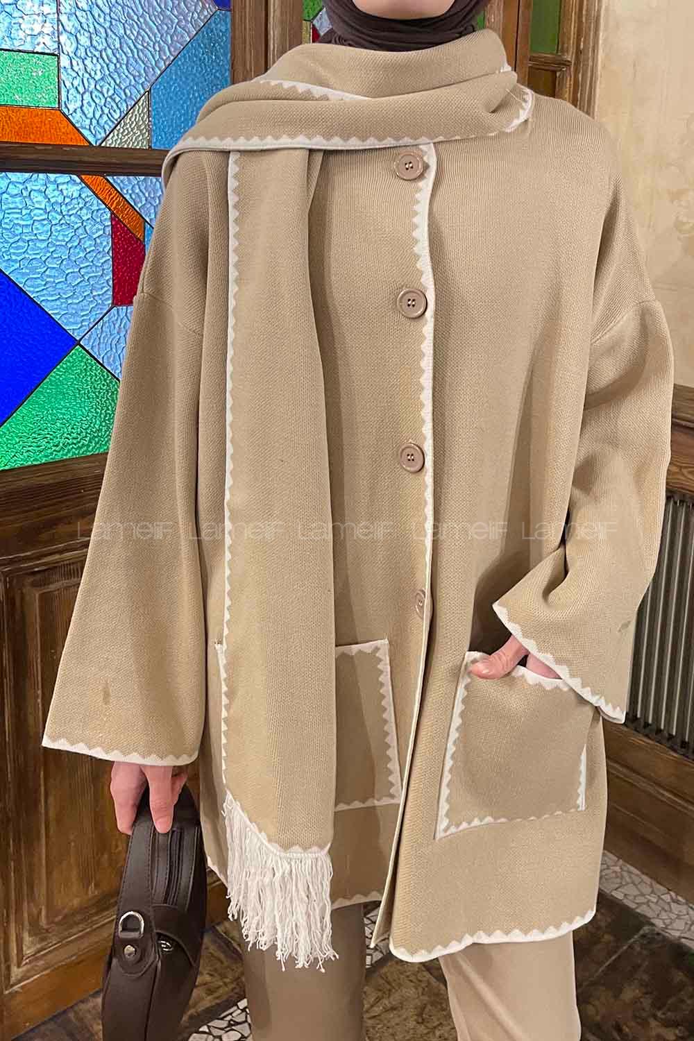 Lamelif Atkı Detaylı Triko Hırka Bej