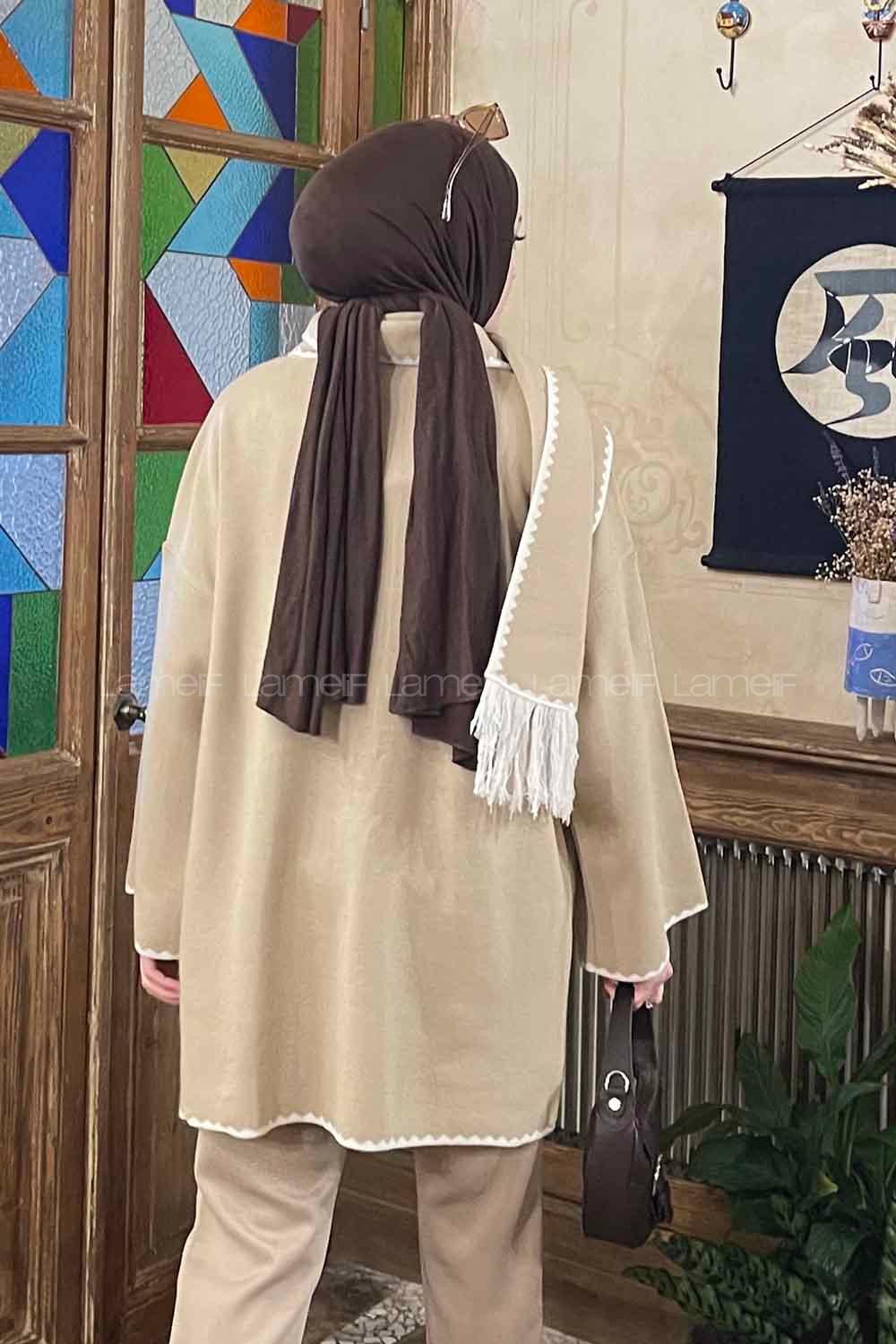 Lamelif Atkı Detaylı Triko Hırka Bej