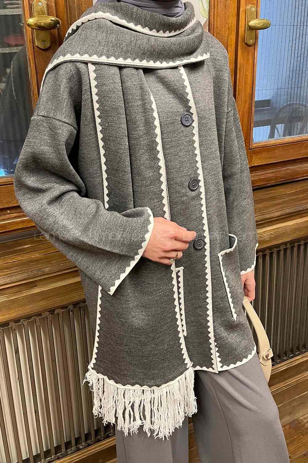 Lamelif Atkı Detaylı Triko Hırka Gri