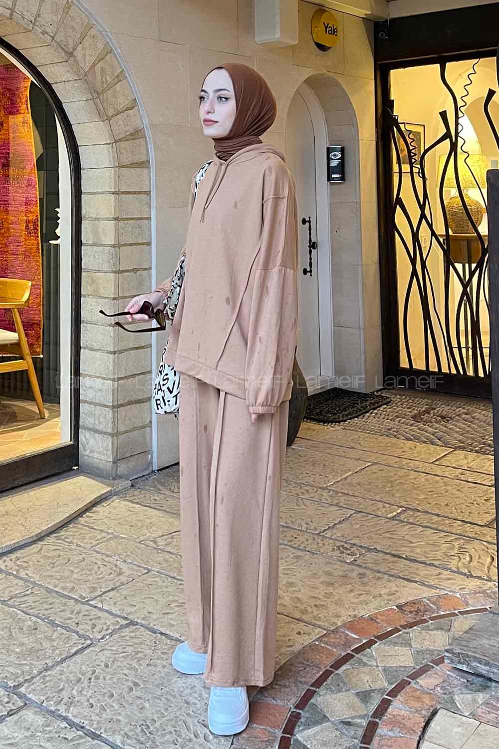 Lamelif Balance Armalı Çımalı İkili Tesettür Takım Camel