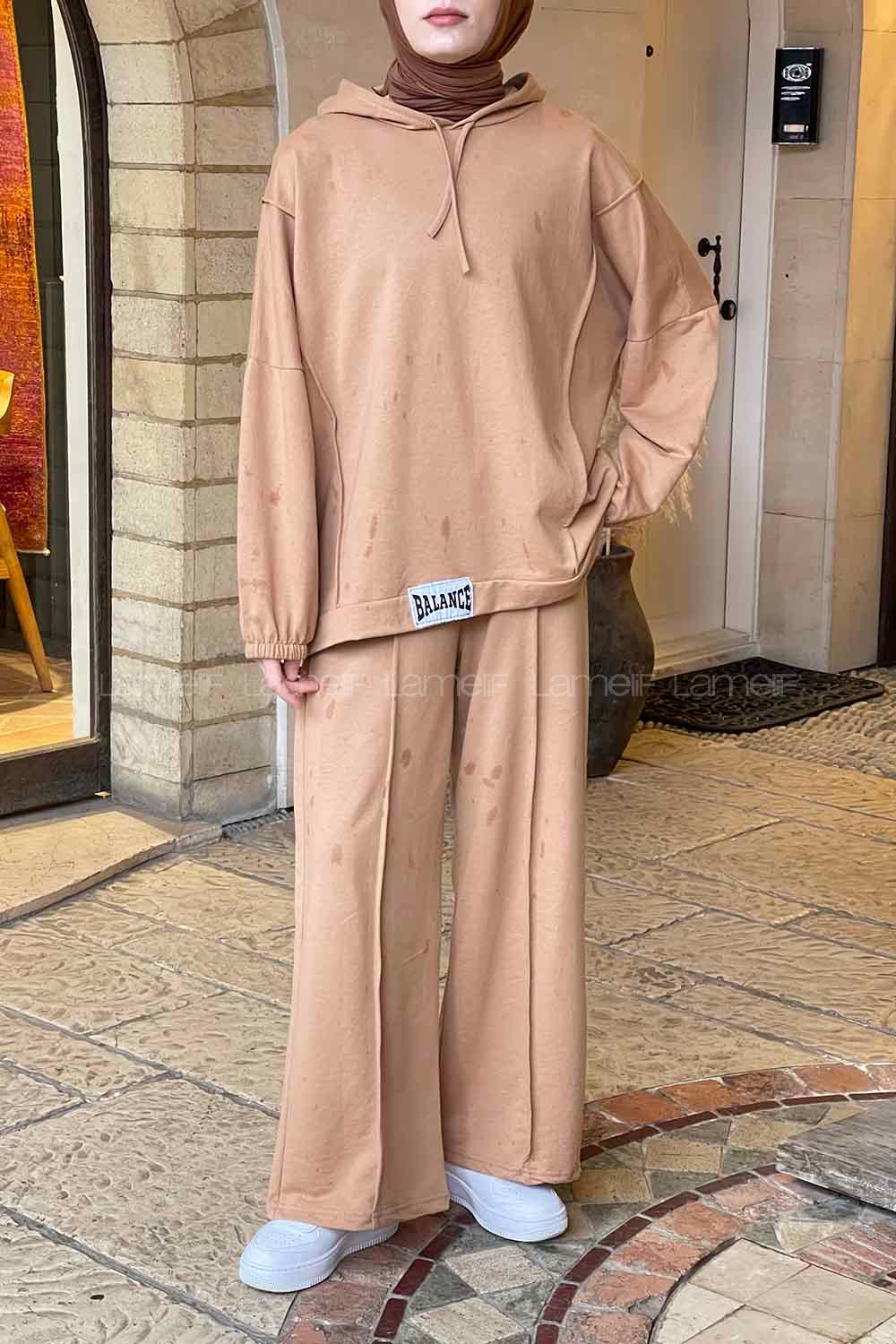 Lamelif Balance Armalı Çımalı İkili Tesettür Takım Camel