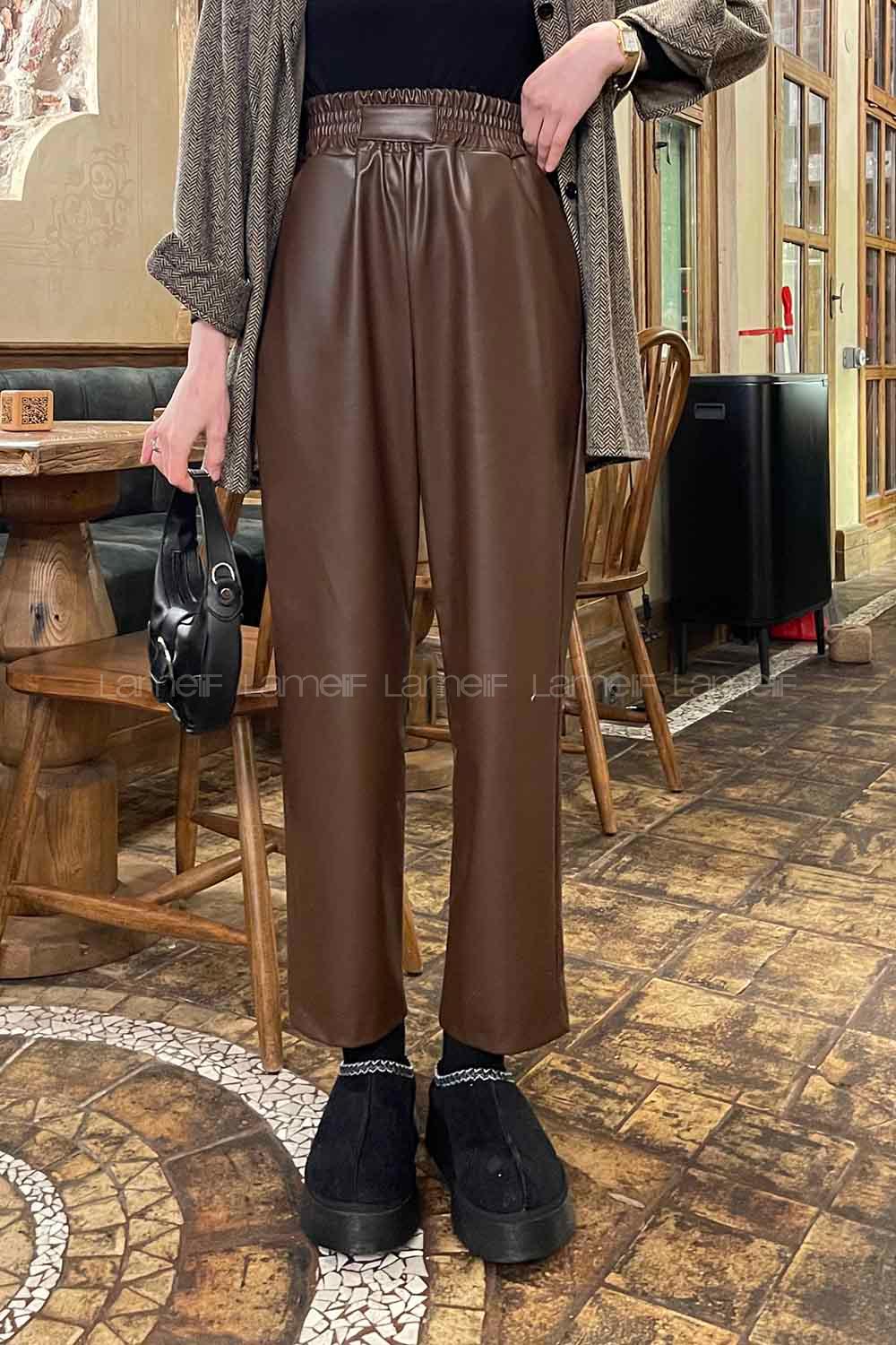 Bitter Brown Faux Leather High Waist Elastic Waist Comfortable Pants