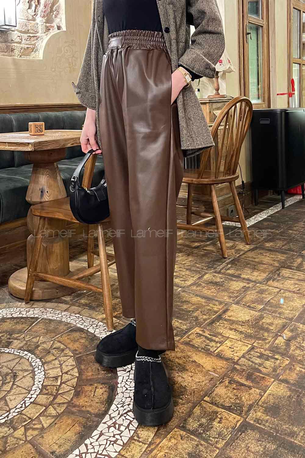 Bitter Brown Faux Leather High Waist Elastic Waist Comfortable Pants