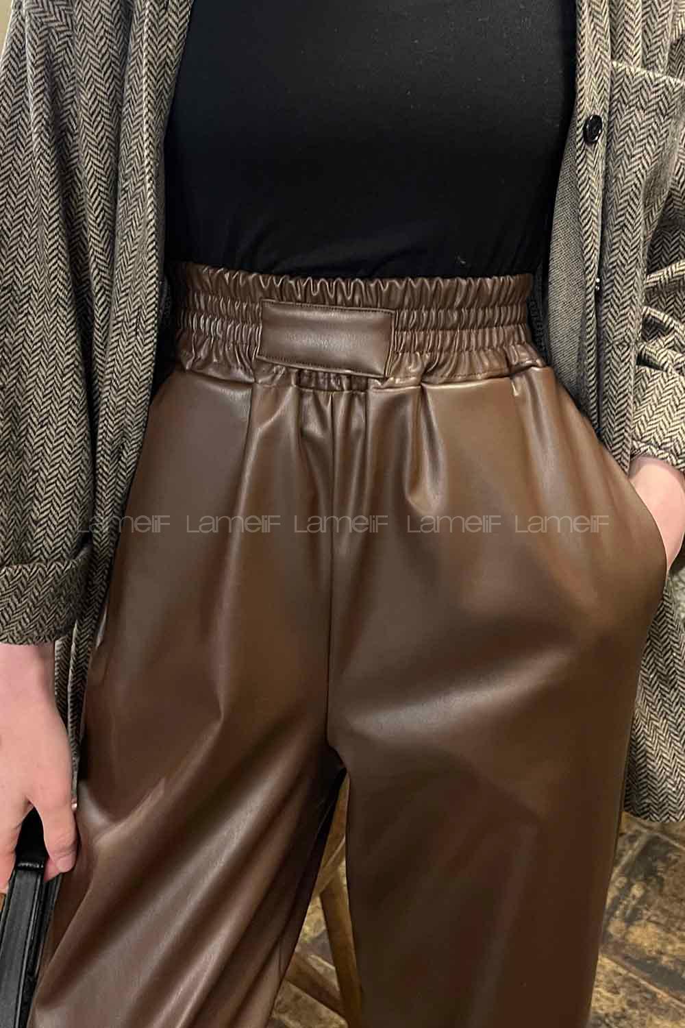 Bitter Brown Faux Leather High Waist Elastic Waist Comfortable Pants