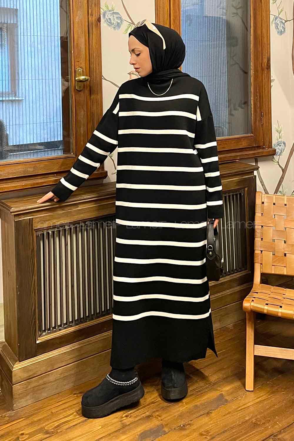 Lamelif Çizgi Detaylı Triko Elbise Siyah