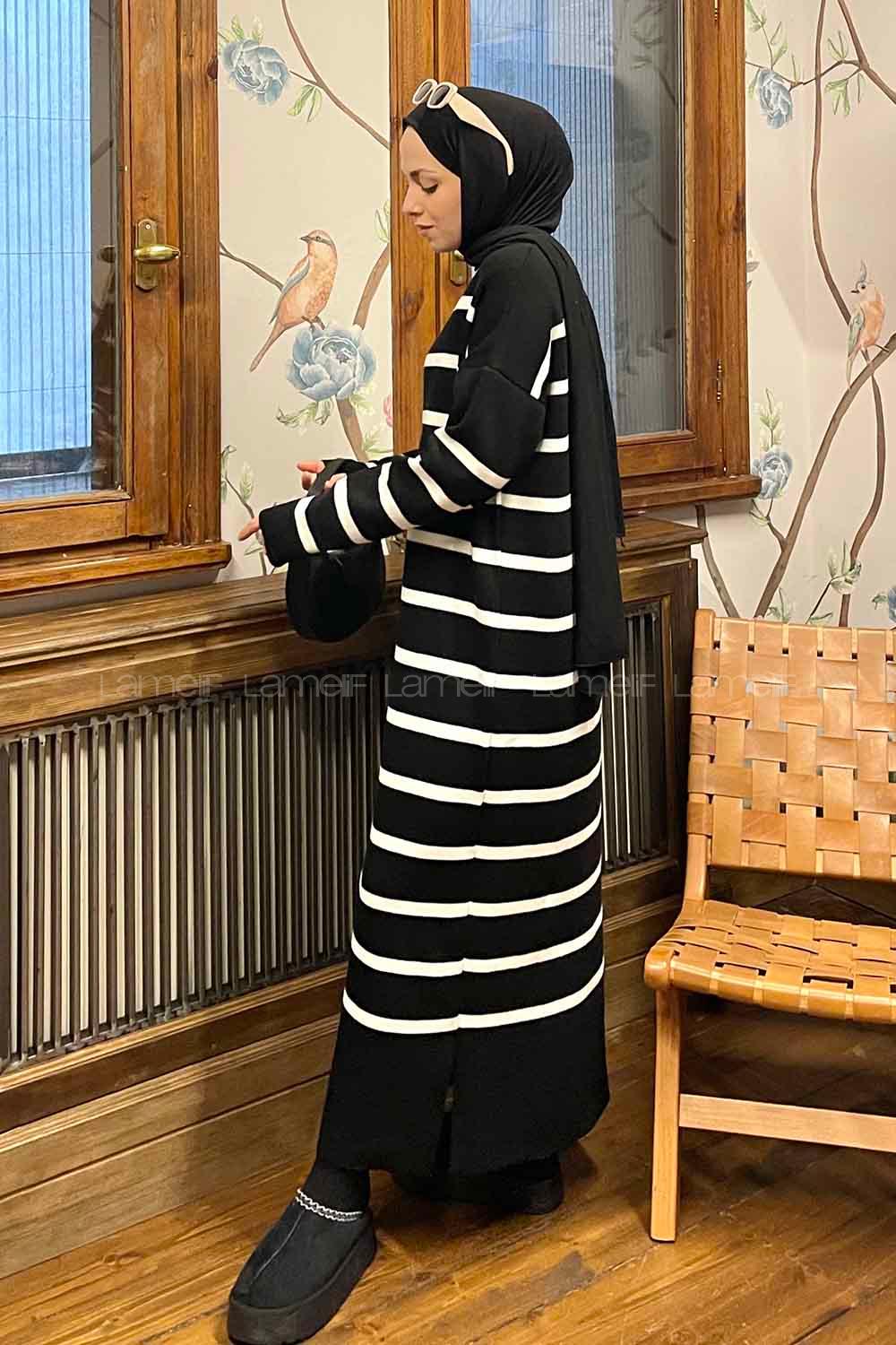 Lamelif Çizgi Detaylı Triko Elbise Siyah