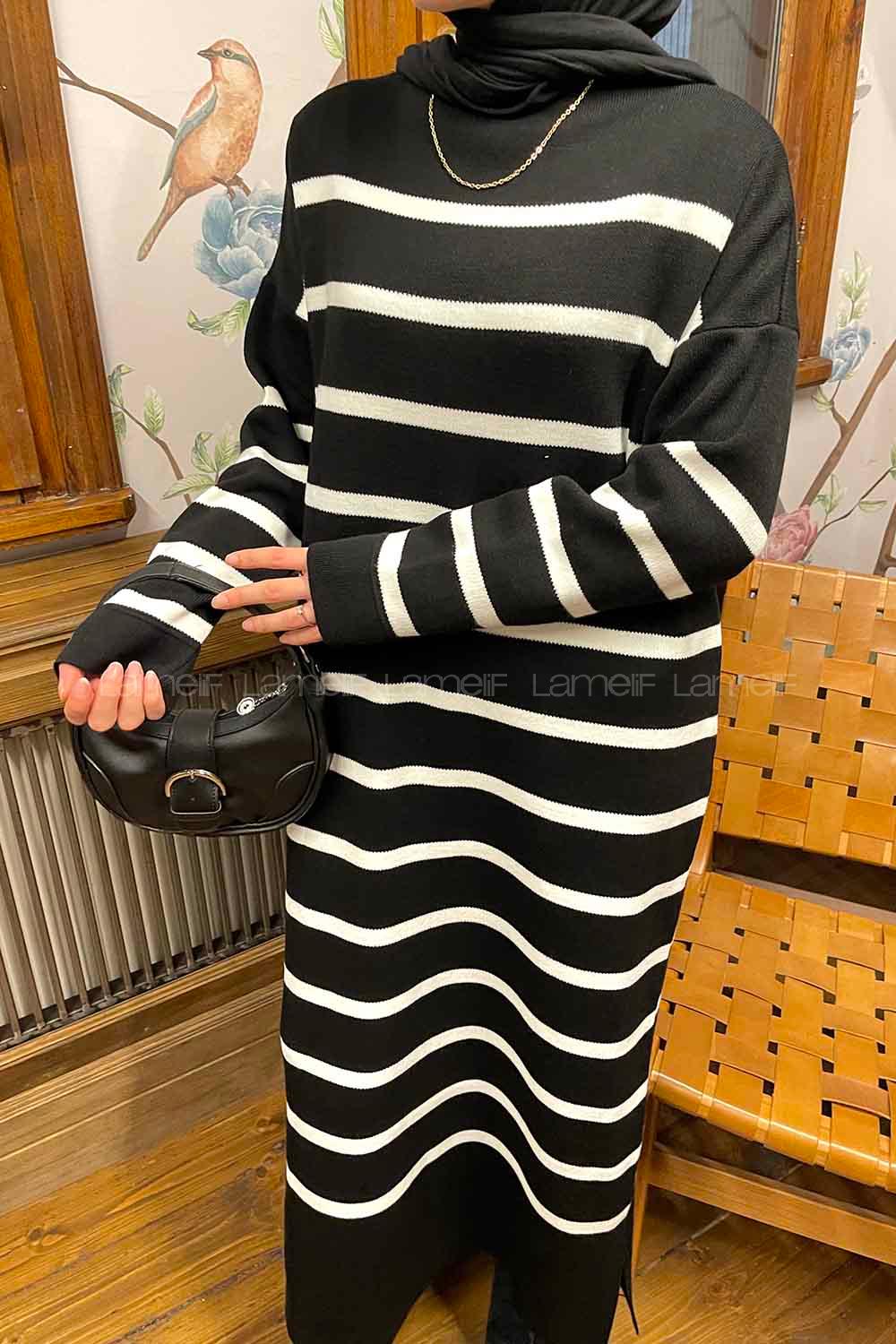 Lamelif Çizgi Detaylı Triko Elbise Siyah