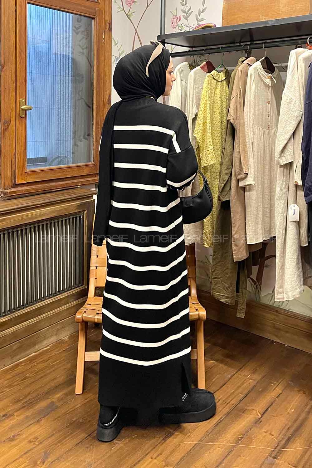 Lamelif Çizgi Detaylı Triko Elbise Siyah