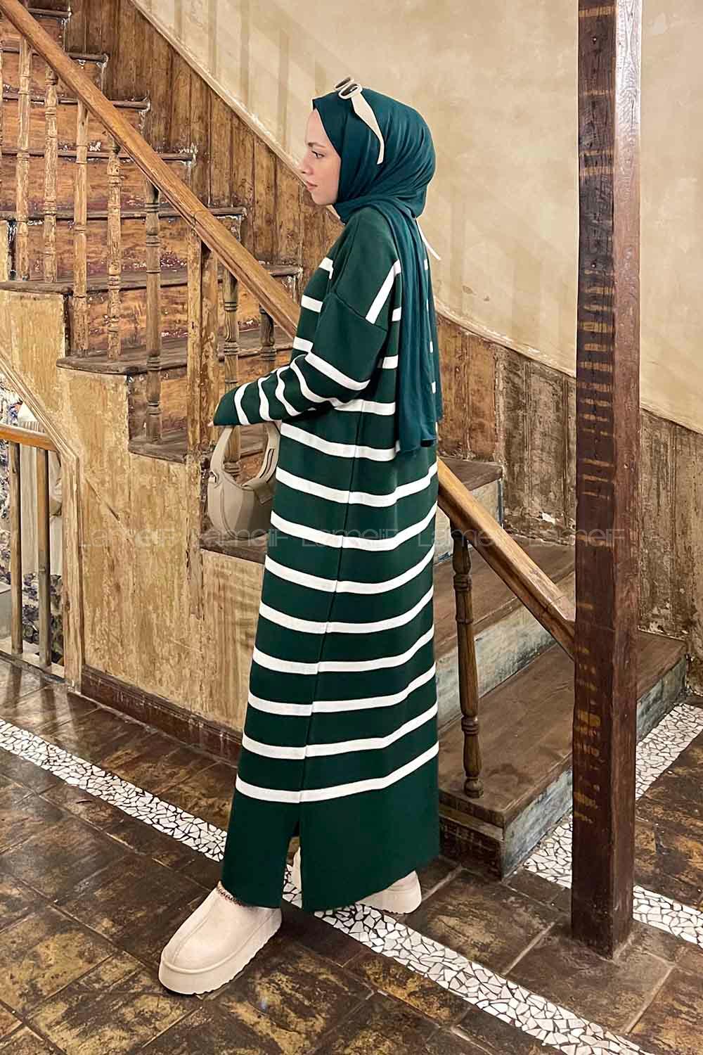 Lamelif Çizgi Detaylı Triko Elbise Zümrüt