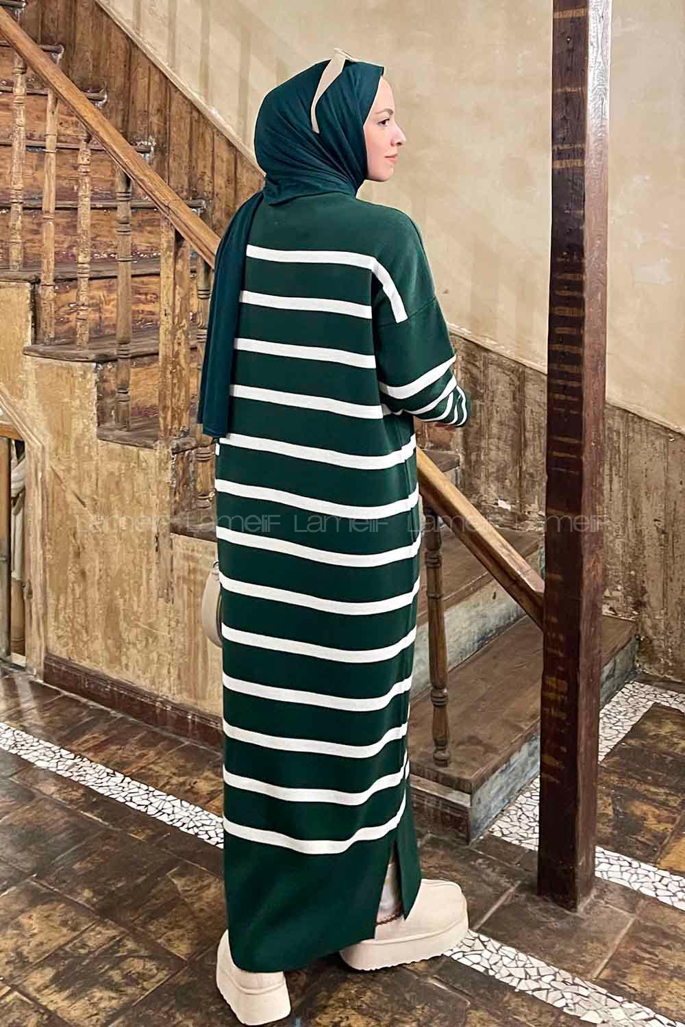 Lamelif Çizgi Detaylı Triko Elbise Zümrüt