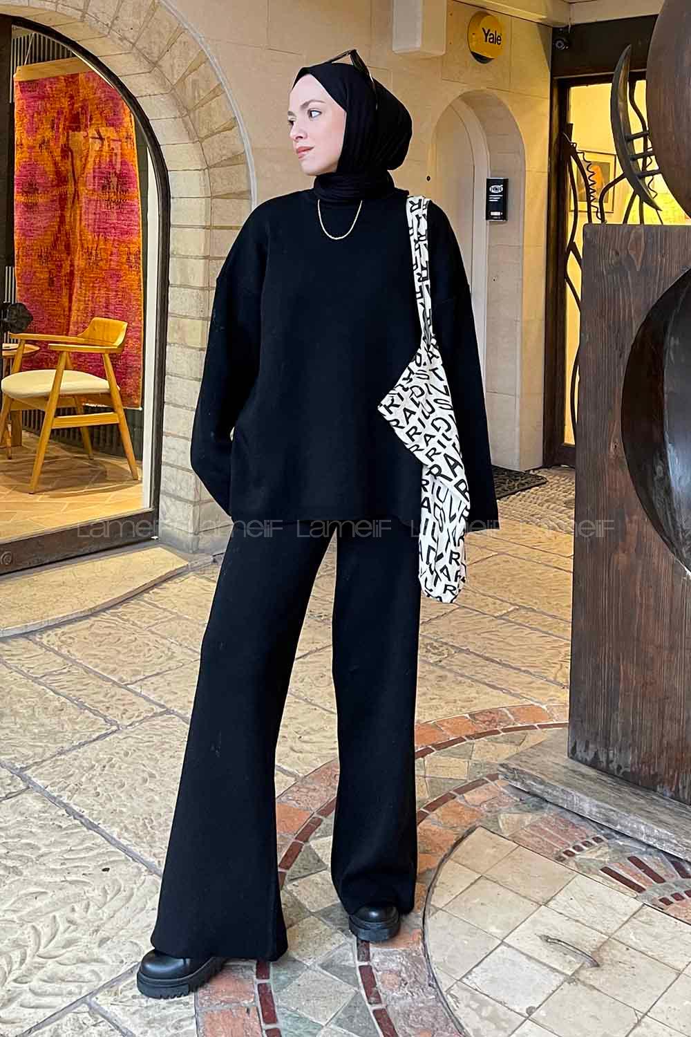 Lamelif Düz İkili Triko Tesettür Takım Siyah