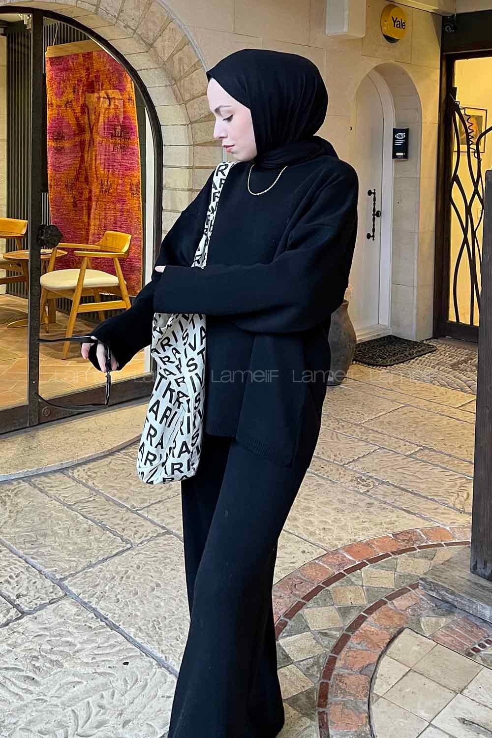 Lamelif Düz İkili Triko Tesettür Takım Siyah