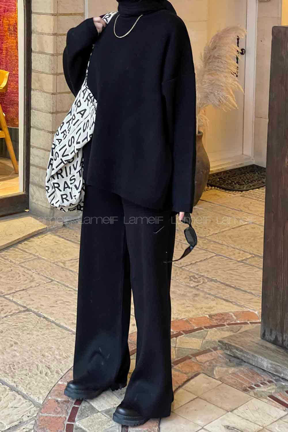 Lamelif Düz İkili Triko Tesettür Takım Siyah