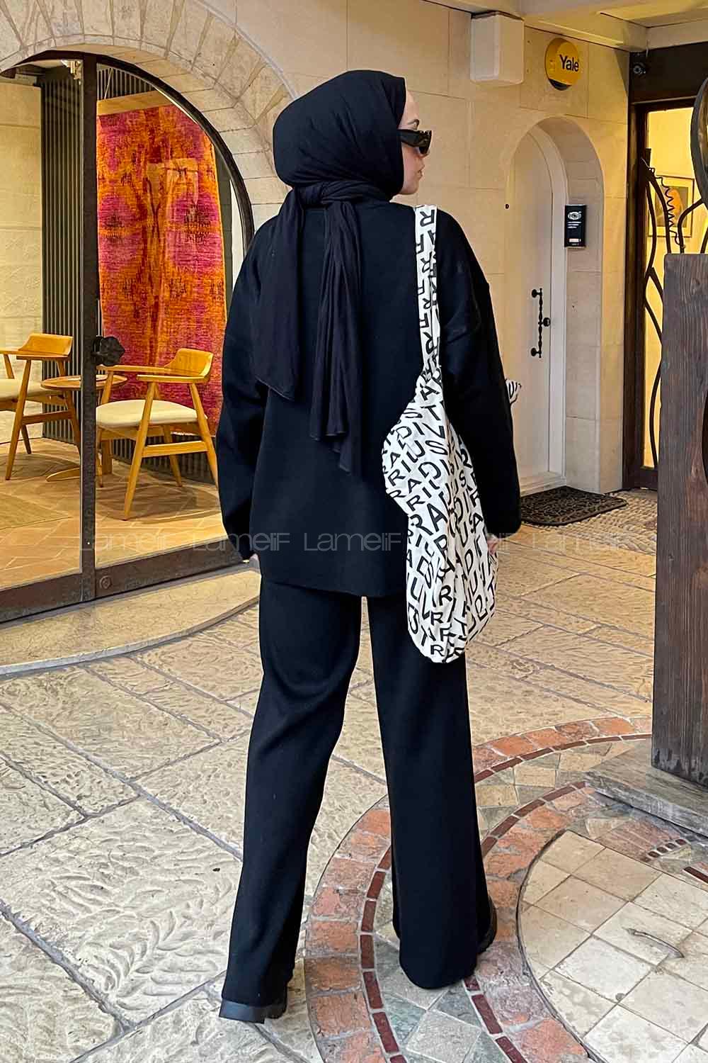 Lamelif Düz İkili Triko Tesettür Takım Siyah