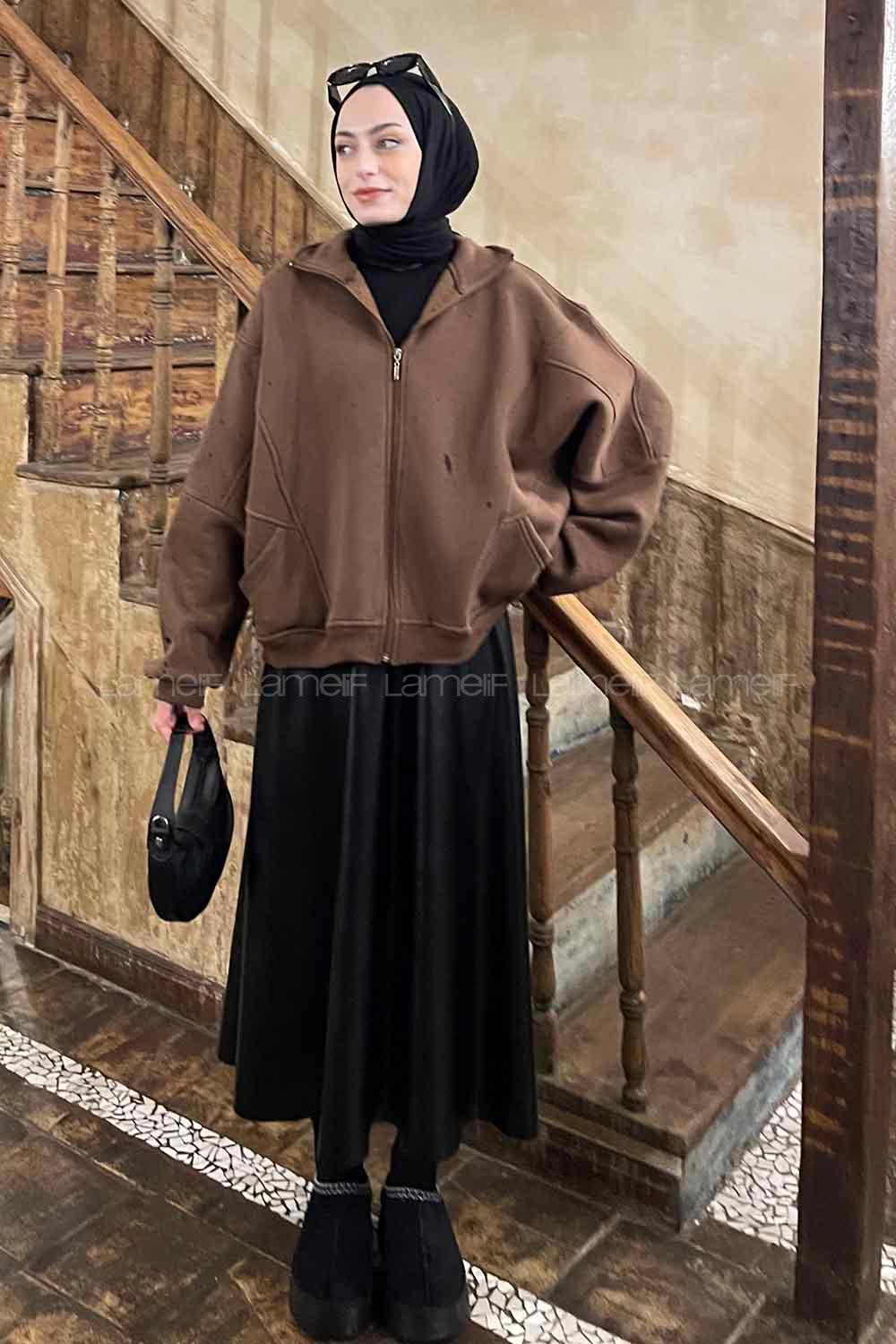 Lamelif  Şardonlu Fermuarlı  Hırka Acı Kahve