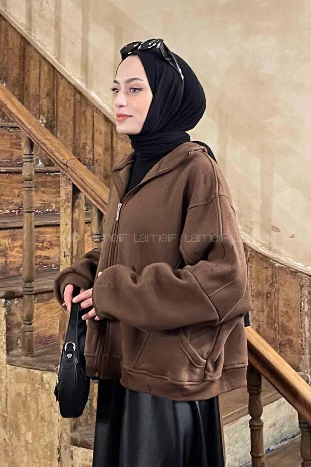 Lamelif  Şardonlu Fermuarlı  Hırka Acı Kahve