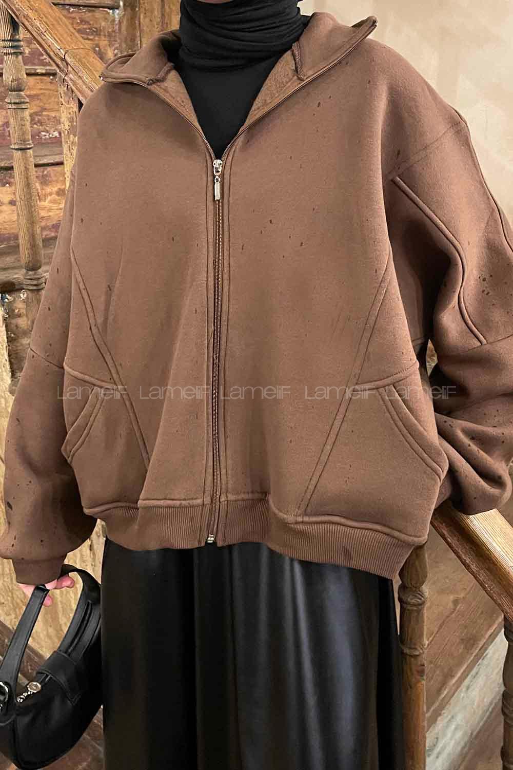 Lamelif  Şardonlu Fermuarlı  Hırka Acı Kahve