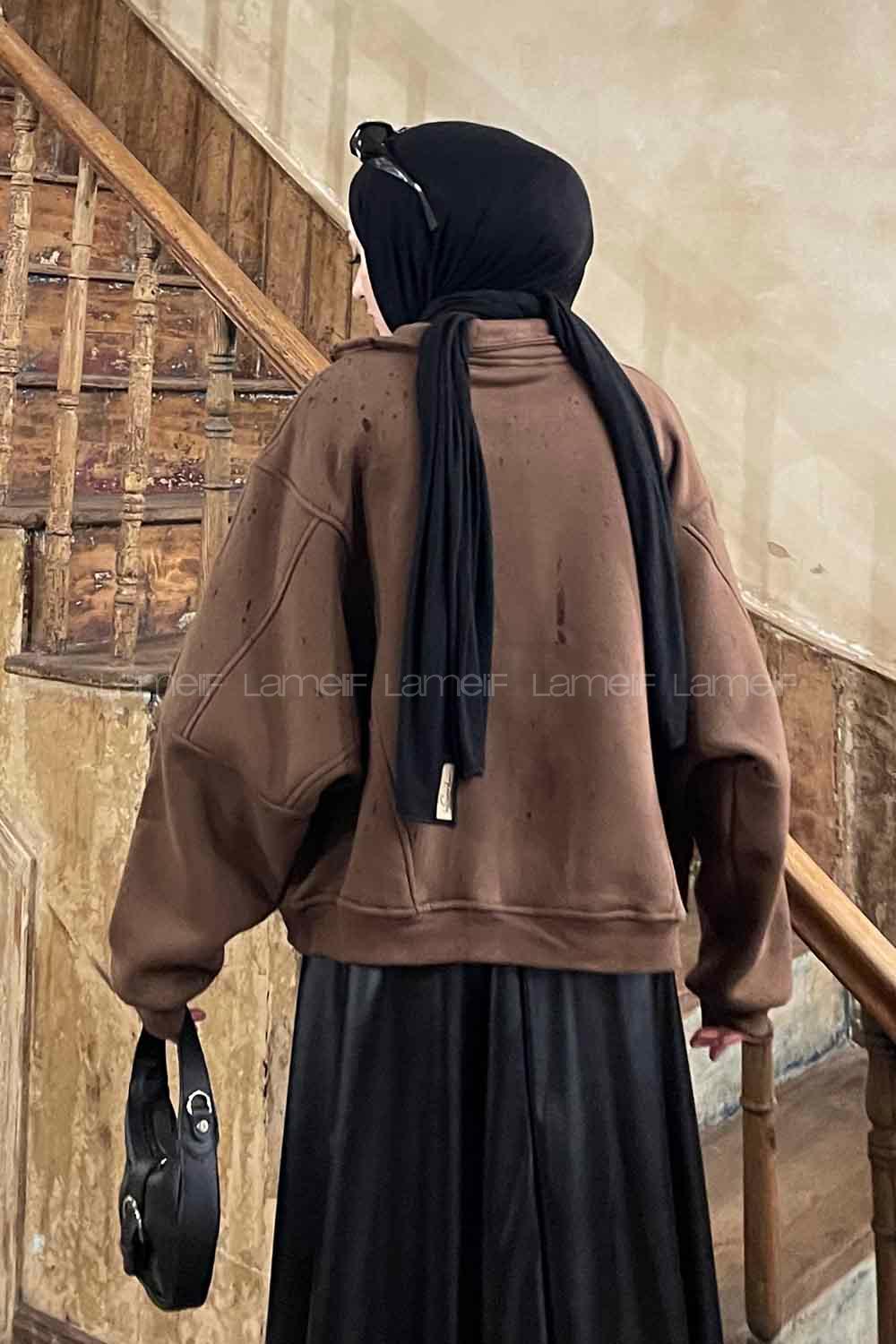 Lamelif  Şardonlu Fermuarlı  Hırka Acı Kahve