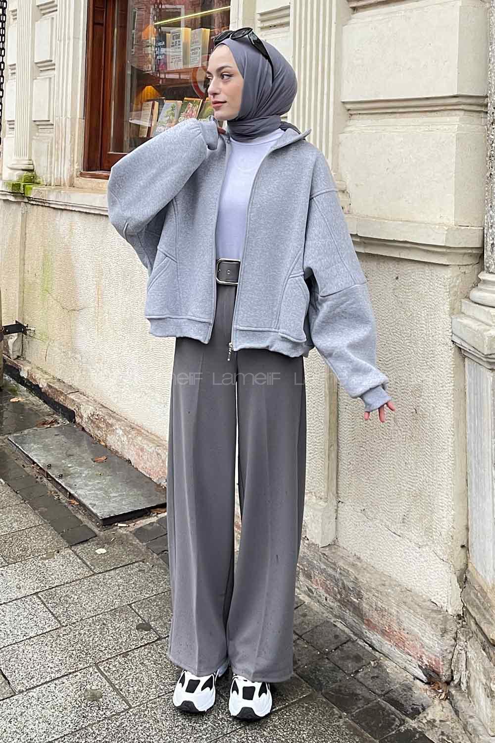 Lamelif  Şardonlu Fermuarlı  Hırka Gri