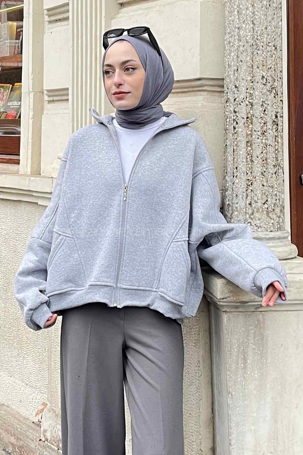 Lamelif  Şardonlu Fermuarlı  Hırka Gri